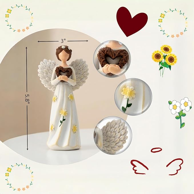 Hand-Painted Guardian Angel Figurine with Heart & Daisy Details – 5.8 Inch Resin Angel Statue for Home Decor – Sympathy, Memorial, & Friendship Gifts for Women, Mom, Grandma, Best Friend