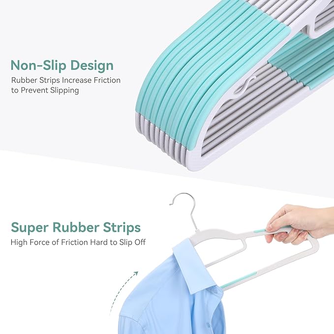 Pack of 50 Coat Hangers, Space-Saving Plastic Clothes Hangers, Non-Slip, 0.2 Inches Slim, 360° Swivel Silver Hook for Shirts, Pants, Suit & Wet/Dry Garments, Blue and White