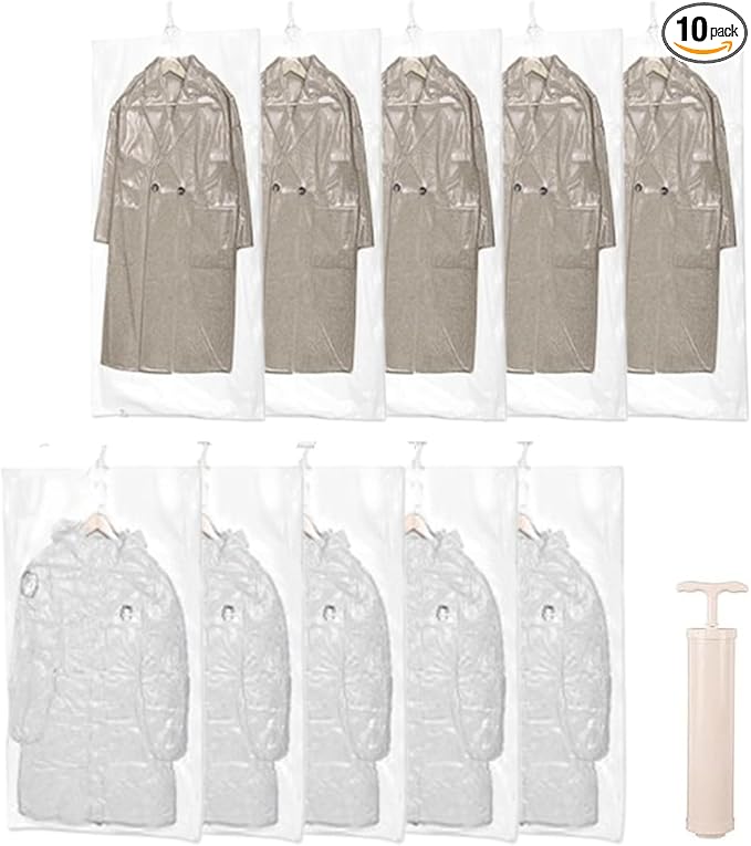 10 Pcs Hanging Vacuum Storage Bags,Vacuum Seal Bags for Clothing,Space Saver Garment Bag with Hanger (5 Long, 5 Short) Clothes Protector Closet Organizer for Clothing, Suits,Jackets,57/43 x27 in