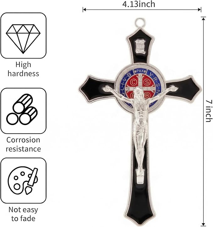 TALPGOD 7 Inch St Benedict Crucifix Black,Crucifix Wall Cross for Catholic Decor,Jesus Christ Hanging Cross Wall Art Decor,Escapularios Catolicos,Saint Benedict Medal for Home Decoration