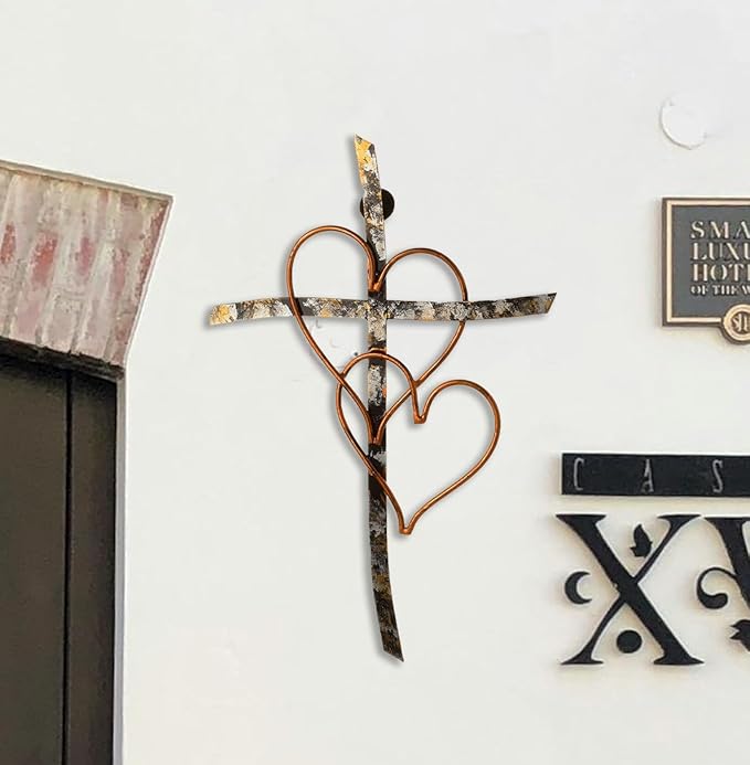 RELY+ Entwined Hearts Wall Cross Metal 13 X 9 Inch Entangled Heart Iron Wall Cross Love Heart Gift for Adult Living Room Decor Bedroom Wall Decorations