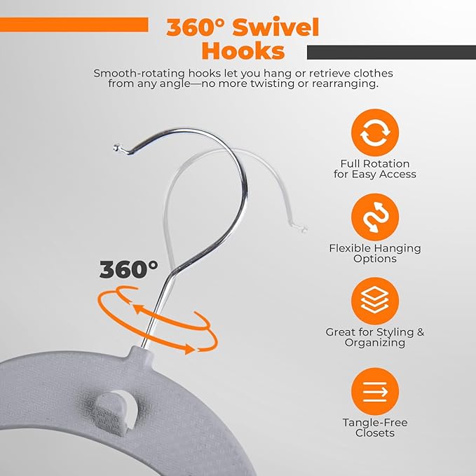 Plastic Hangers 50 Pack, Cascading Slim Space Saving Clothing Hangers with 360° Rotating Hook, Non Slip Clothes Hangers for Sweater Shirt, Heavy Duty Coat Hanger with Inner Hook for Closet, Grey