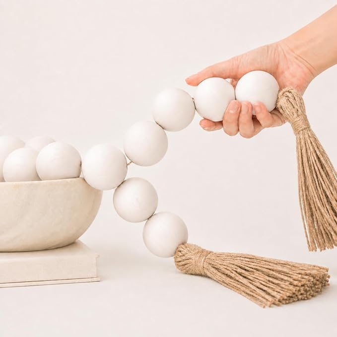 OMISHE 50" Long Extra Large Wood Bead Garland with 1.6" Diameter Wooden Beads and Tassels, Rustic Farmhouse Country Decorative Beads for Home Tiered Tray Decor, White