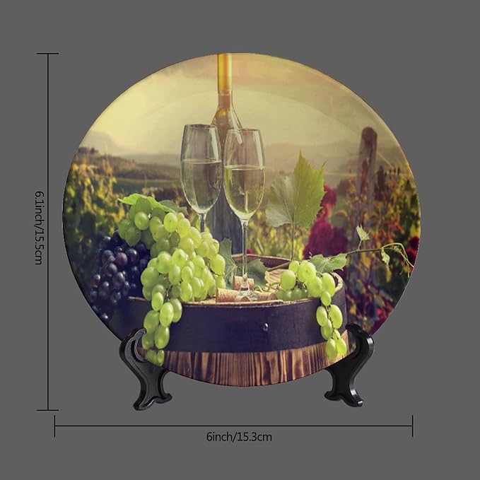 Decorative Plates, 6 Inch, Green Grapes Wine Bottle Glass Cups Round Display Plate, Home Wobble-Plate with Display Stand, for Wall Hanging Living Room Bathroom Decor Gift