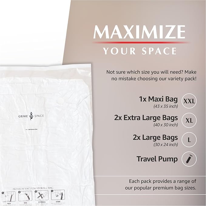 GENIE SPACE Premium Vacuum Storage Bags for Clothes, Bedding and Travel, Variety 5-Pack (1 XXL + 2 XL + 2 L), Airtight, Odor-Proof and Reusable Space Saver Bags with Double Zipper Seal and Hand Pump
