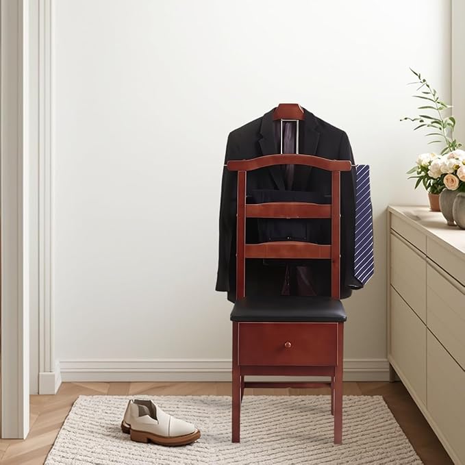 Wooden Suit Valet Stand with Contour Hanger Tie Bar Belt Hooks Chair Valet with Drawer Freestanding Clothes Stand Standing Hanger for Living Room, Entryway, Bedroom(Light Brown)