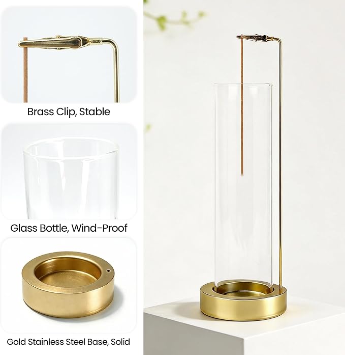 Incense Holder for Sticks, Anti-Ash Flying Incense Burner with 30 Incense Sticks, Detachable Glass Ash Catcher (Stainless Steel, Gold)