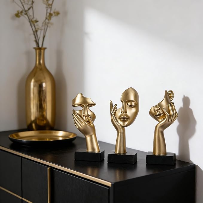 3 Pcs Thinker Small Statue Set - Black Gold Home Decor Abstract Art Figurines for Shelves, Living Room Coffee Table, Office Desktop (3 Pcs Gold, 6")