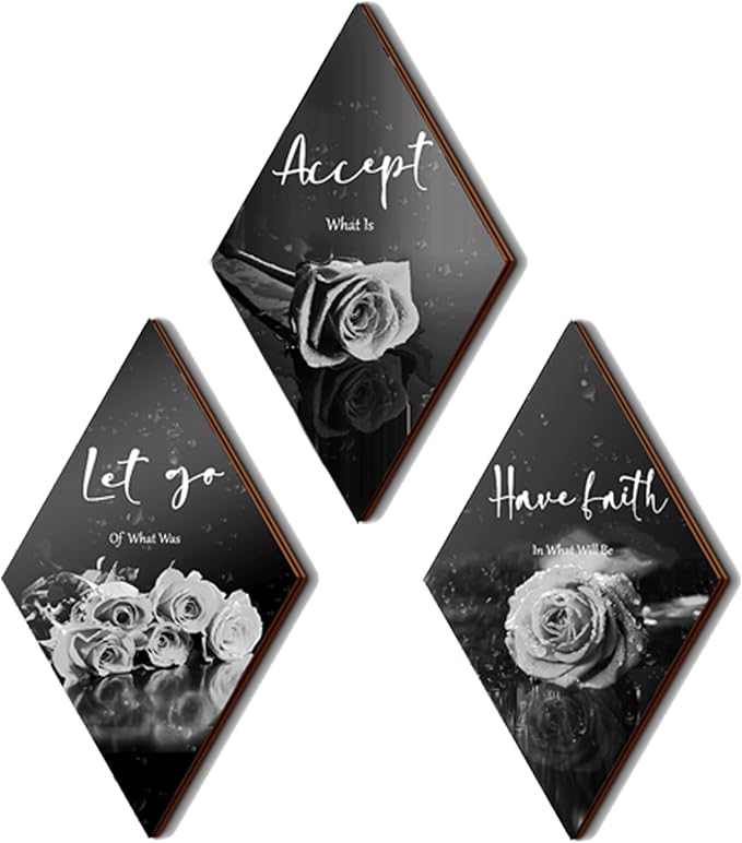 ZINYAZHE 3 Pcs Black White Rose Bathroom Wall Decor Black And White Decor Flower Wooden Inspirational Wall Art with Accept Let Go Have Faith Grey Sign for Living Room Bedroom(White Rose 12 x 7")