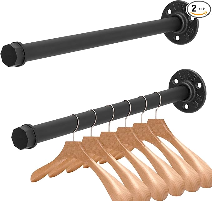 2 Pcs 12 Inch Industrial Pipe Clothes Rack DIY Wall Mounted, Heavy Duty Rustic Vintage Clothing Rod, Metal Garment Bar Multi-Purpose Hanging for Bedroom, Bathroom, Cabinet and Laundry Room