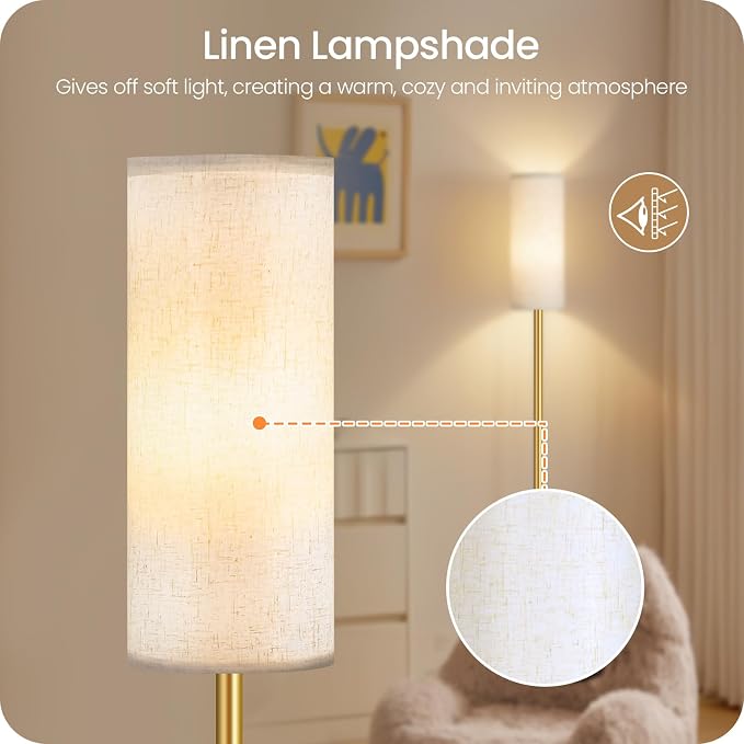 Dimmable Floor Lamp for Living Room with Remote and Foot Switch, Standing Tall Lamp, Bulb Included, 3000K-6500K, Beige and Gold, FCC Listed DE06LD05W1