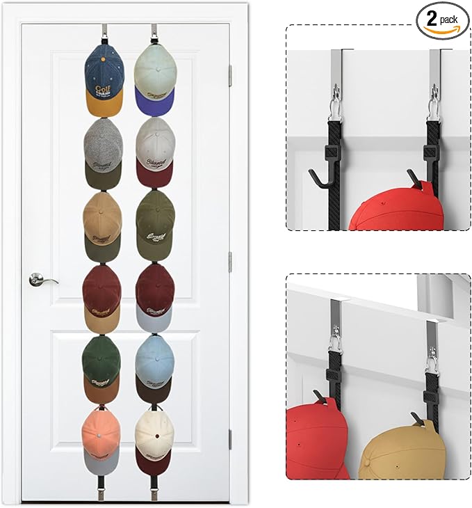 Hat Rack for Door, Hat Holder over the Door Hats Organizer for Baseball Caps, Hat Hanger for Closet, 12 Hooks Cap Organizer on Wall for Storage & Display - 2 Pack
