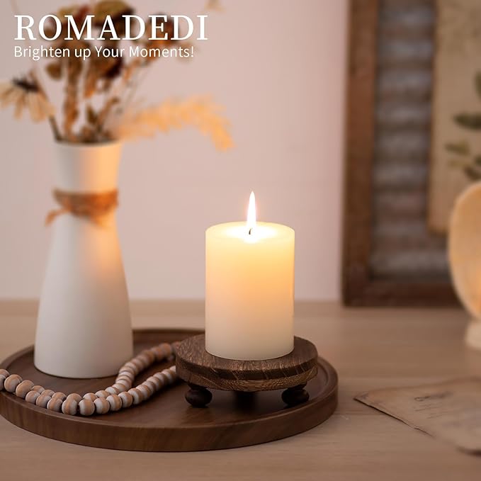 Romadedi Farmhouse Wood Riser for Display- 2 pcs Rustic Decor Mini Wooden Pedestal Decorative Round Tray for Home Table Bathroom Counter Shelf Kitchen, Brown