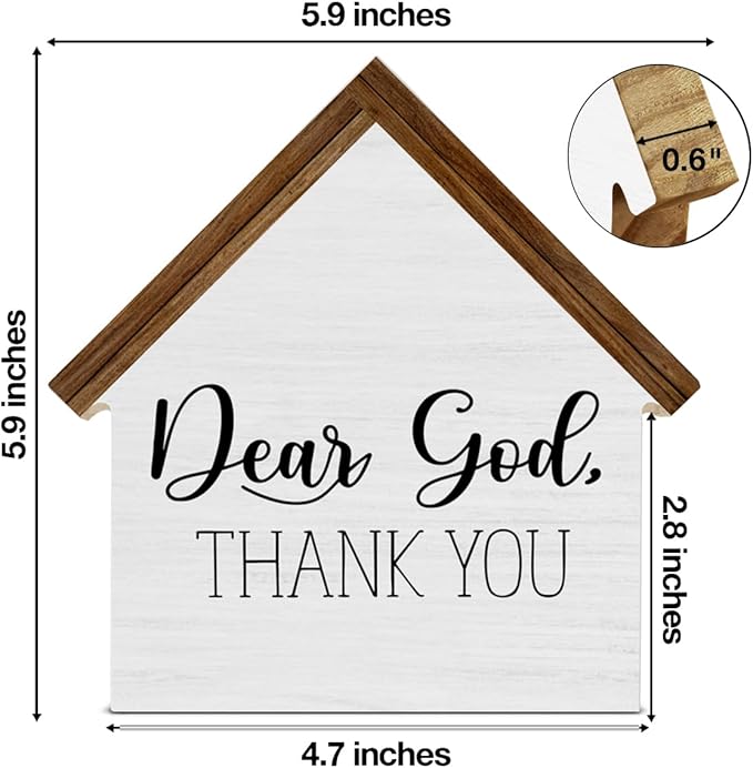 Christian Home Decor, Dear God Thank You House Shaped Wood Sign, Christian Farmhouse Living Room Decor for Desk Table Shelf