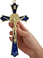 BONITTER Golden St Benedict Crucifix Metal Wall Art, 7.8x4.1 Inch Cross, Blue/White/Black/Red Wall Decor, Saint Benedic Cross for Home Decoration, Catholic Gift (Blue)