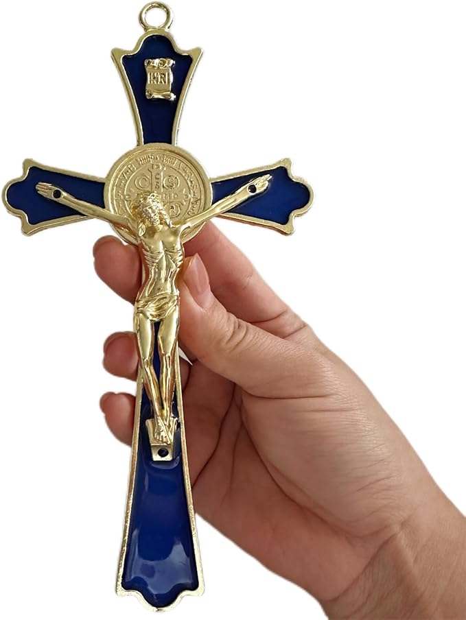 BONITTER Golden St Benedict Crucifix Metal Wall Art, 7.8x4.1 Inch Cross, Blue/White/Black/Red Wall Decor, Saint Benedic Cross for Home Decoration, Catholic Gift (Blue)