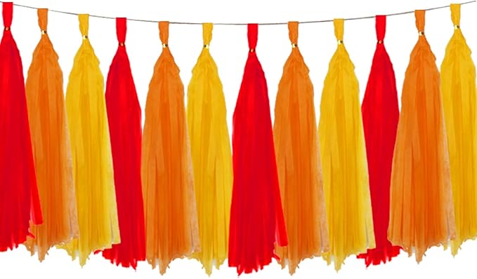 Orange and Yellow and Red Tassel Garland Paper Tissue Tassels Garland for Party Decorations, Pack of 15