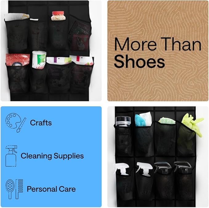 GORILLA GRIP Over the Door Shoe Organizer, 24 Extra Large Breathable Mesh Pockets, Space Saving Hanging Storage Holder, 4 Hook Closet Rack Hanger, Hangs on Closets for Shoes and Accessories, Black