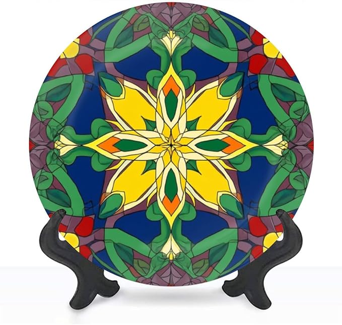 Decorative Plates for Display 8" Colorful Stained Glass Floral Mandala Ceramic Ornament with Display Stand and Hook Up for Wall Decor Hanging Festival Wedding Gift
