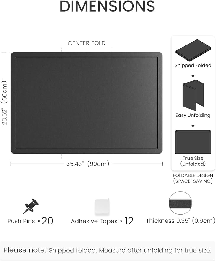 Fluxynara Bulletin Board,35.4" x 23.6" Cork Board Alternative with 12 Safe Removable Adhesive Tabs, Foldable Felt Pin Board for Home Office, Classroom, Bedroom,Entryway for Walls—Black