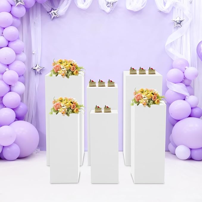 6 PCS Display Pedestal Stand, Metal Display Pedestal Stands Decoration Cube Sculpture Displays Column Square Displays Stands Pillars for Wedding Party Baby Shower Birthday (White, 6PCS)