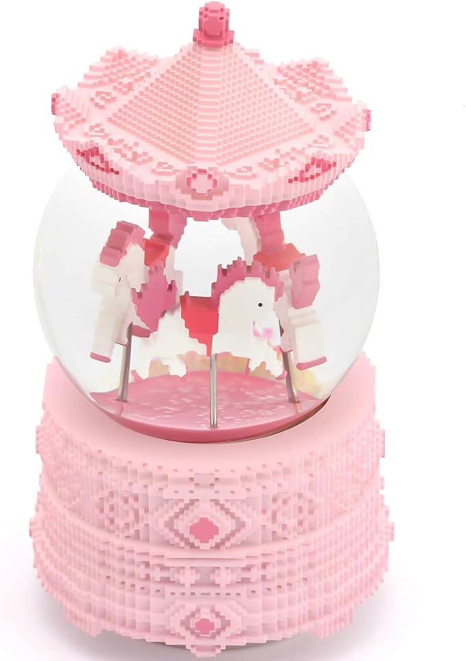Pixel-Design Carousel Snow Globe Music Box, Compact Decorative Gift for Collectors and Home Accents, Subtle Pink Edition, Plays Toyland Melody