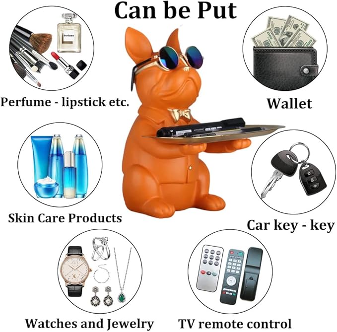 Modern Decor Resin Orange Bulldog Tray Statue Tray Storage Key Holder Candy Jewelry Earrings Tray Suitable for Home Decor Modern Art Dining Table Decor Office Small Object Tray