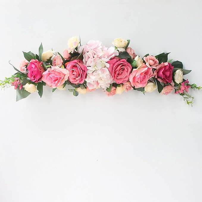 JUOPZKENN Artificial Rose Flower Swag, Wedding Arch Flowers 25in Decorative Swag Pink Peony Decorative Floral Swags Green Leaves Chair Back Flower for Wedding Arch Front Door Wall Decor(#1)