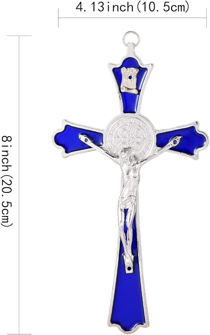 VINETEN Blue Enamel Crucifix Wall Cross -Saint Benedict Metal Wall Art-Cross Give Blessing and The Spiritual Sacred -Crucifix Gift for Grandma, boys Baptism Gift