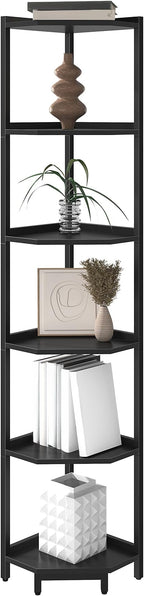Hzuaneri Corner Shelf Stand, Corner Bookshelf, Storage Standing Shelf Unit with Metal Frame, Plant Stand, Bookcase for Living Room, Home Office, Bedroom, 6-Tier Black CS06006B
