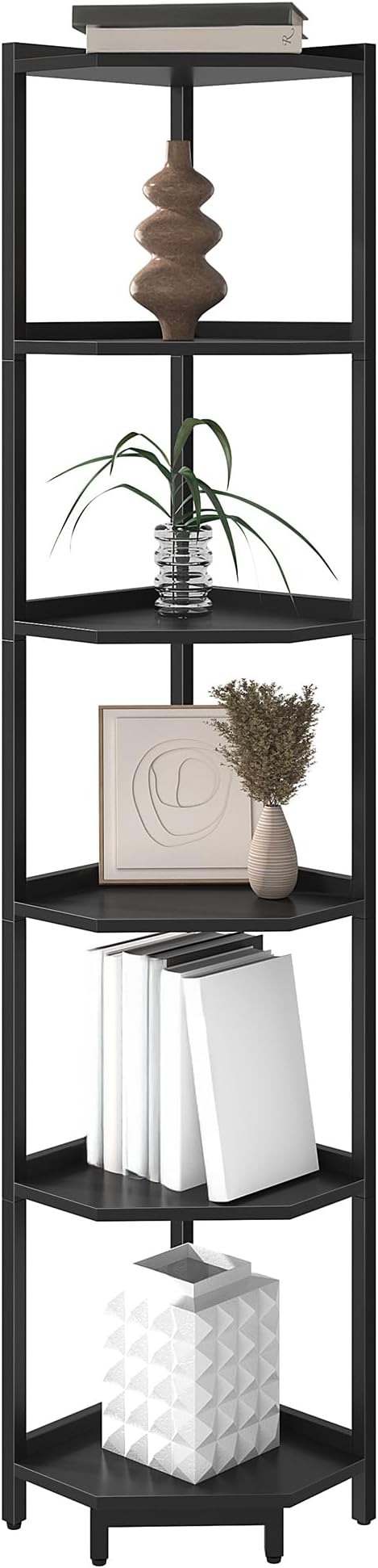 Hzuaneri Corner Shelf Stand, Corner Bookshelf, Storage Standing Shelf Unit with Metal Frame, Plant Stand, Bookcase for Living Room, Home Office, Bedroom, 6-Tier Black CS06006B
