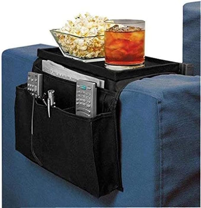 Sofa Armrest Organizer, Couch TV Remote Storage Organizer with Pockets for Recliner Armchair Snacks Glasses Smartphone Magazines Pouch (Black+Black)