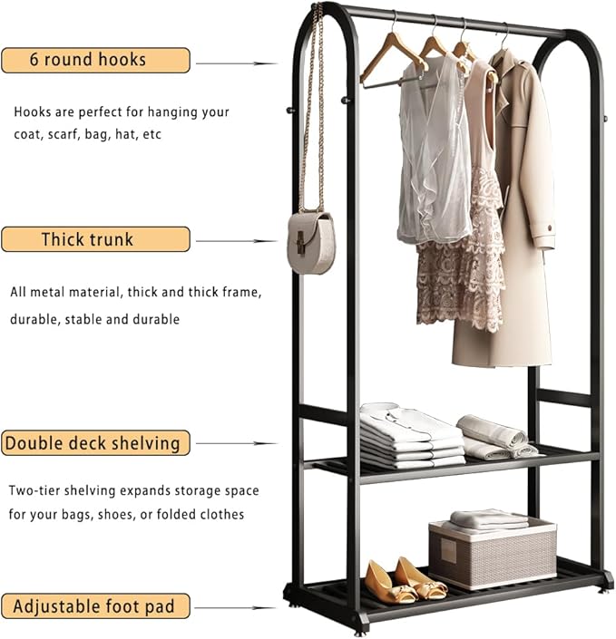 Freestanding Clothing Rack,Metal Garment Rack with Bottom Shelves and 6 Side Hooks,Black Sturdy clothes racks for hanging clothes,Modern Wardrobe Organizer for Bedroom or Closet (L:39.4)