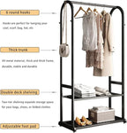 Freestanding Clothing Rack,Metal Garment Rack with Bottom Shelves and 6 Side Hooks,Black Sturdy clothes racks for hanging clothes,Modern Wardrobe Organizer for Bedroom or Closet (L:39.4)