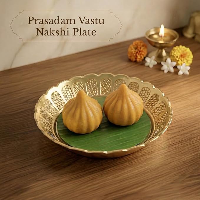Shubhkart Premium Solid Brass Nakshi Plate Set (3 Sizes: L/M/S) – Handcrafted Decorative Puja Plates for Aarti, Temple, Festivals & Home Mandir Décor | Elegant Brass Thali Set for Diwali & Gifting
