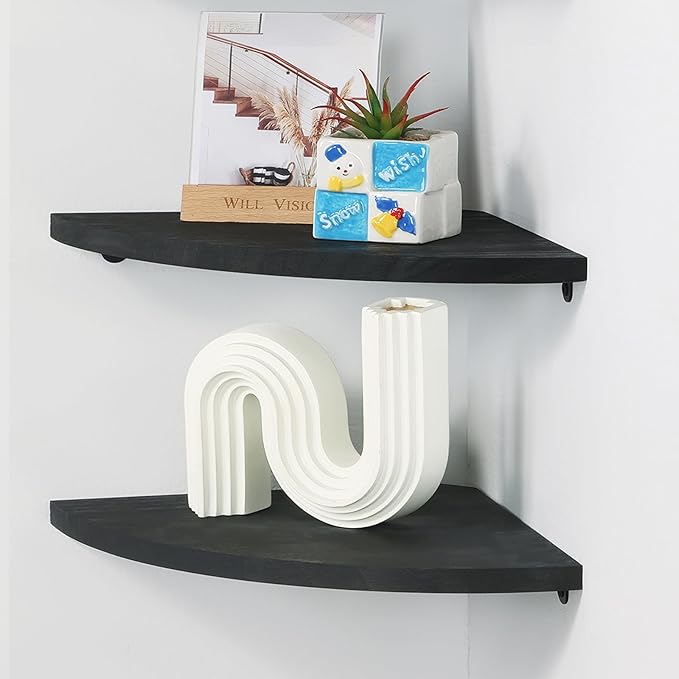 JORIKCHUO 10 inch Corner Shelf, Set of 2 Solid Wood Corner Floating Shelves for Wall, Round End Wall Mounted Floating Shelf for Bedroom, Living Room and Kitchen (Black-10 inch)