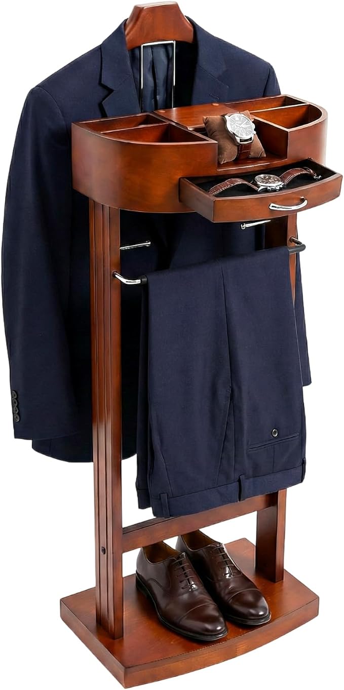 Wood Suit Valet Stands, Freestanding Clothing Valet Stand Man and Women Clothes Suit Rack with Drawer for Entryway Office Living Room, 22 lbs (Brown)