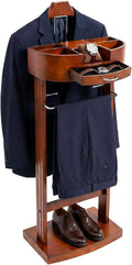 Freestanding Clothing Valet Stand, Wood Mens Valet Stand with Multi-Compartment Tray and Drawer Clothes Rack with Drawers for Entryway Office Living Room