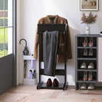 Mens Valet Stand with Top Tray Organizer, Shoe Shelf and Suit Rack, Wooden Clothes Valet Stand for Bedroom Entryway (Black)