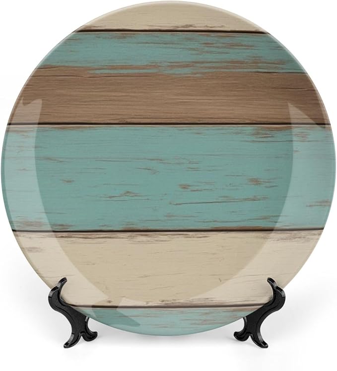 Wood Grain theme Decorative Ceramic Plate Round Porcelain Plate,10 inch,Vintage pattern,for Decorative Ornaments Giving Plates,1 Plate with 1 Display Stand,Blue White