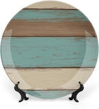 Wood Grain Theme Decorative Ceramic Plate Round Porcelain Plate,8 inch,Vintage Pattern,for Decorative Ornaments Giving Plates,1 Plate with 1 Display Stand,Blue White