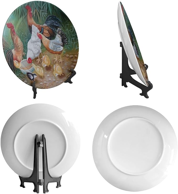 Rooster Decorative Plate Stand, 8 Inch, Rooster Hen Chicks Foraging Round Display Plate, Table Top Plate Decor with Stand, for Kitchen Living Room Office Countertop Decor