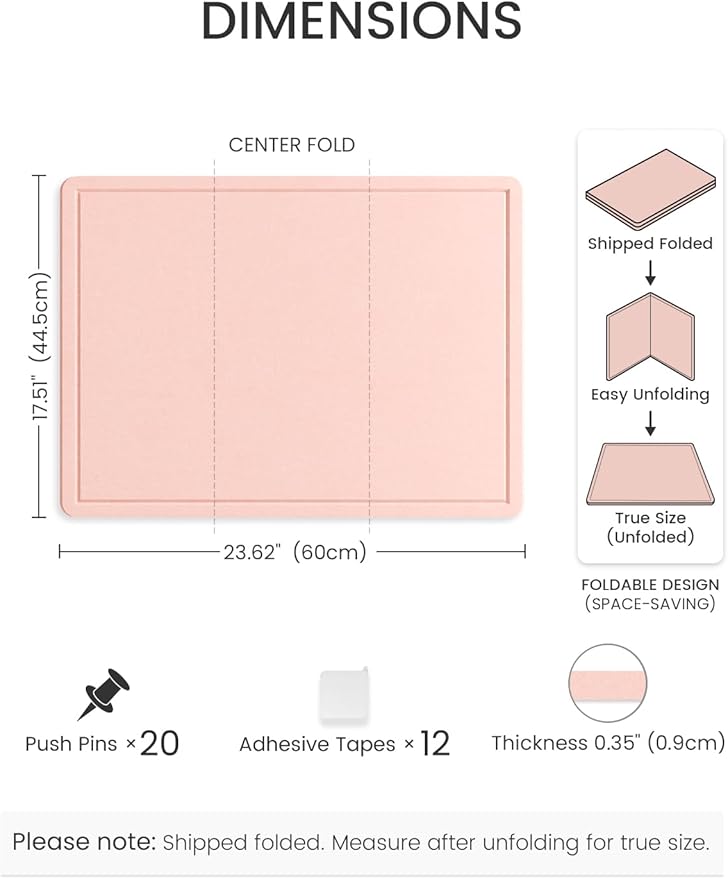 Fluxynara Bulletin Board, 23.6" x 17.5" Cork Board Alternative with 12 Safe Removable Adhesive Tabs, Foldable Felt Pin Board for Home Office, Classroom, Bedroom,Entryway for Walls—Pink