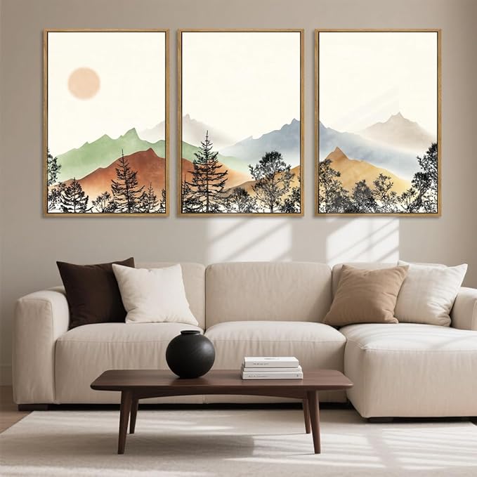 Large Boho Mountain Wall Art Framed Mountains Wall Decor Farmhouse Landscape Art Prints Boho Landscape Artwork Rustic Mountain Wall Pictures Set of 3 for Living Room Bedroom Office Farmhouse 36x24 Inches