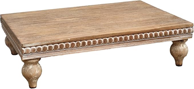 SwallowLiving Farmhouse Wood Riser for Display Decorative, Rustic Shabby Chic Tray for Kitchen Counter, Coffee Bar Table, Dining Room, Wooden Rectangle Beaded Pedestal Stand for Food, Natural