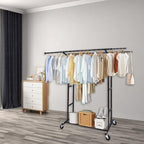 Fishat Black Heavy Duty Double Rod Garment Rack for Hanging Clothes, Rolling Clothes Organizer Commercial Metal with Lockable Wheels Mobile for Coats Dresses