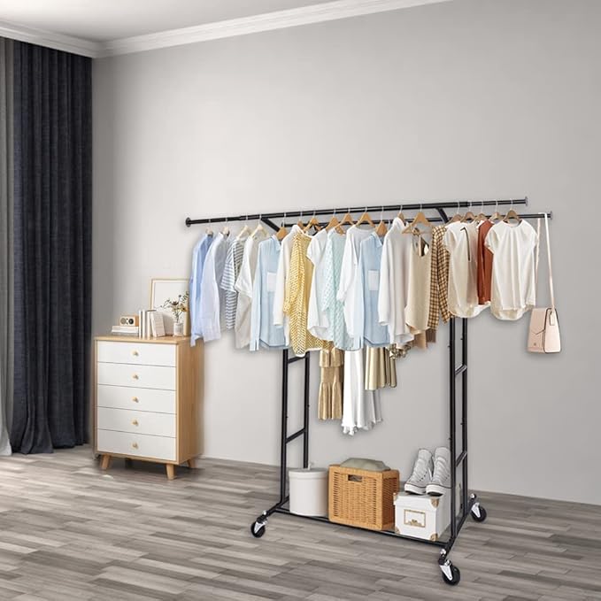 Fishat Black Heavy Duty Double Rod Garment Rack for Hanging Clothes, Rolling Clothes Organizer Commercial Metal with Lockable Wheels Mobile for Coats Dresses