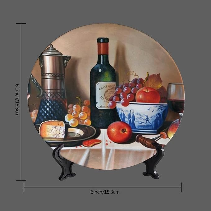 Decorative Ceramic Plates, 6 Inch, Cheese Makes Wine Taste Better Round Display Plate, Home Wobble-Plate with Display Stand, for Kitchen Living Room Office Countertop Decor