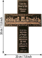 She Love Wooden Cross Wall Decor, 12 inch The Last Supper Christian Wall Cross with Bible Verse Vintage Wood Crosses Wall Hanging Art for Home Decor Easter Housewarming Blessing Gift (John 6:35)