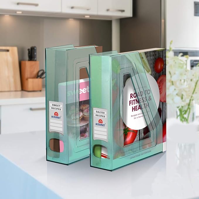 Acrimet Magazine File Holder Bin Storage, Vertical Rack for Documents, Folders and Mail, Durable Plastic Desk Organizer for Office & Home (Clear Green Color) (2 Pack)